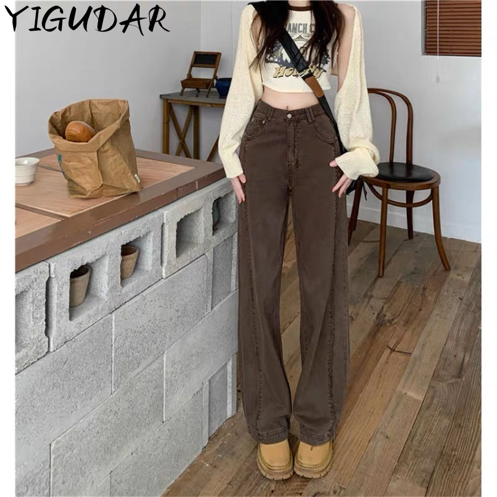 Women&s jeans European and American ins retro Y2K brown high waist jeans loose straight trousers tide wild casual sp